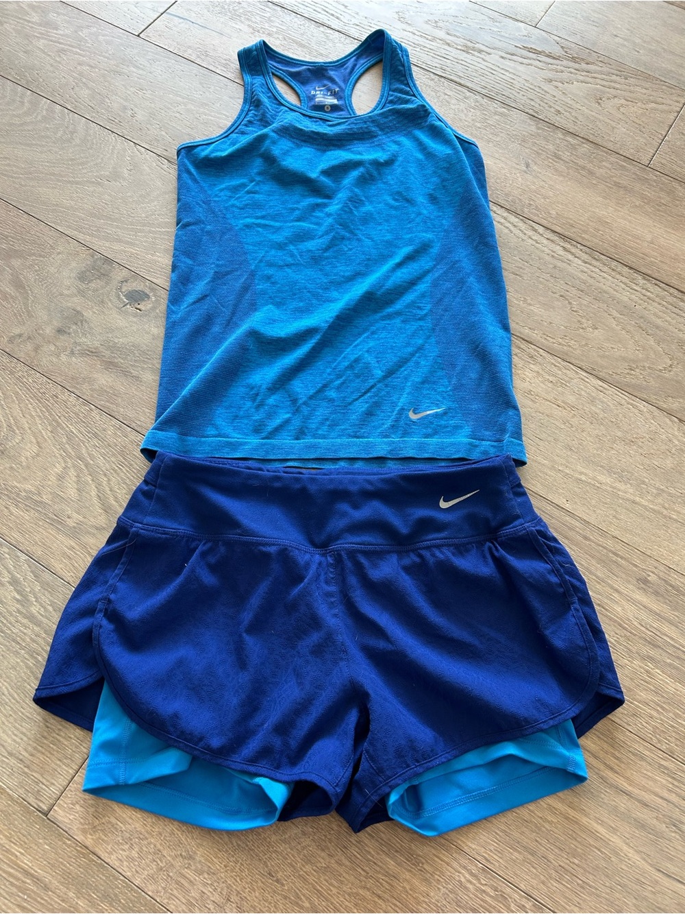 Nike Two-Tone Blue Racerback Tank with Layered Athletic Shorts